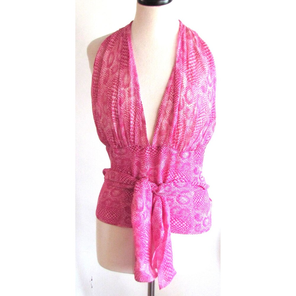 DESIGNER VINCENT PINK SNAKE PRINT 100% SILK HALTER BLOUSE TIE WAIST SIZE LARGE